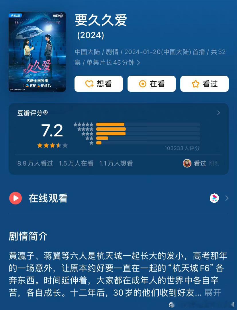杨紫、范丞丞《要久久爱》豆瓣开分7.2 ​​​