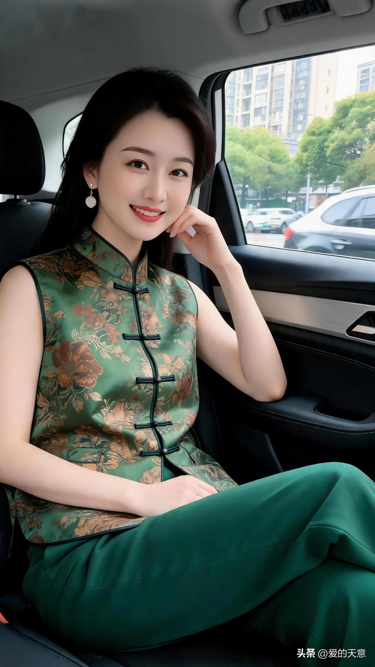 新中式国风马甲自带温婉韵味，墨绿色调雅致大气，车内随拍氛围感拉满，把东方独有的温