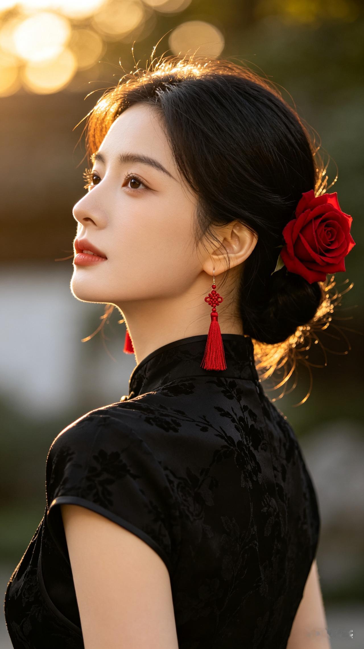 美女低盘发簪红玫瑰，配红色流苏耳饰，身着暗纹黑旗袍，侧脸抬首目光沉静。夕阳逆光勾