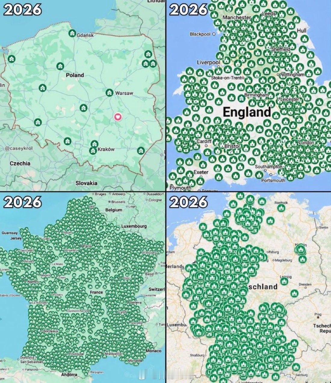 2026年欧洲各国清真寺数量：波兰：15座；英格兰：1730座；法国：2650座