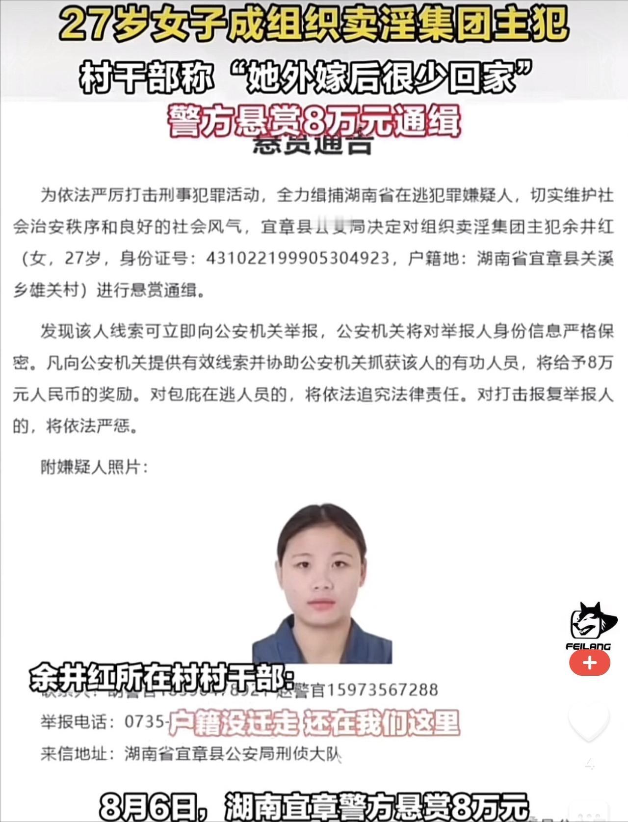湖南郴州，一名27岁女子因涉嫌组织卖淫罪被处以8年6个月刑期，由于女子尚在哺乳期