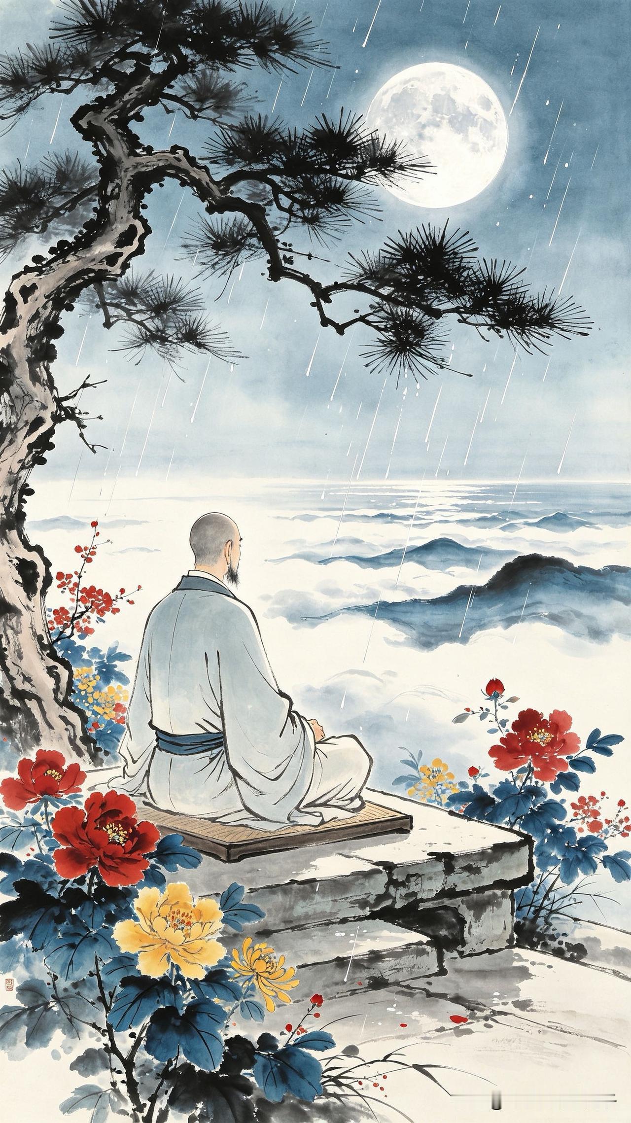 坐雨观花已忘年，
海潮音落月孤悬。
从来万象归清寂，
       
…………请