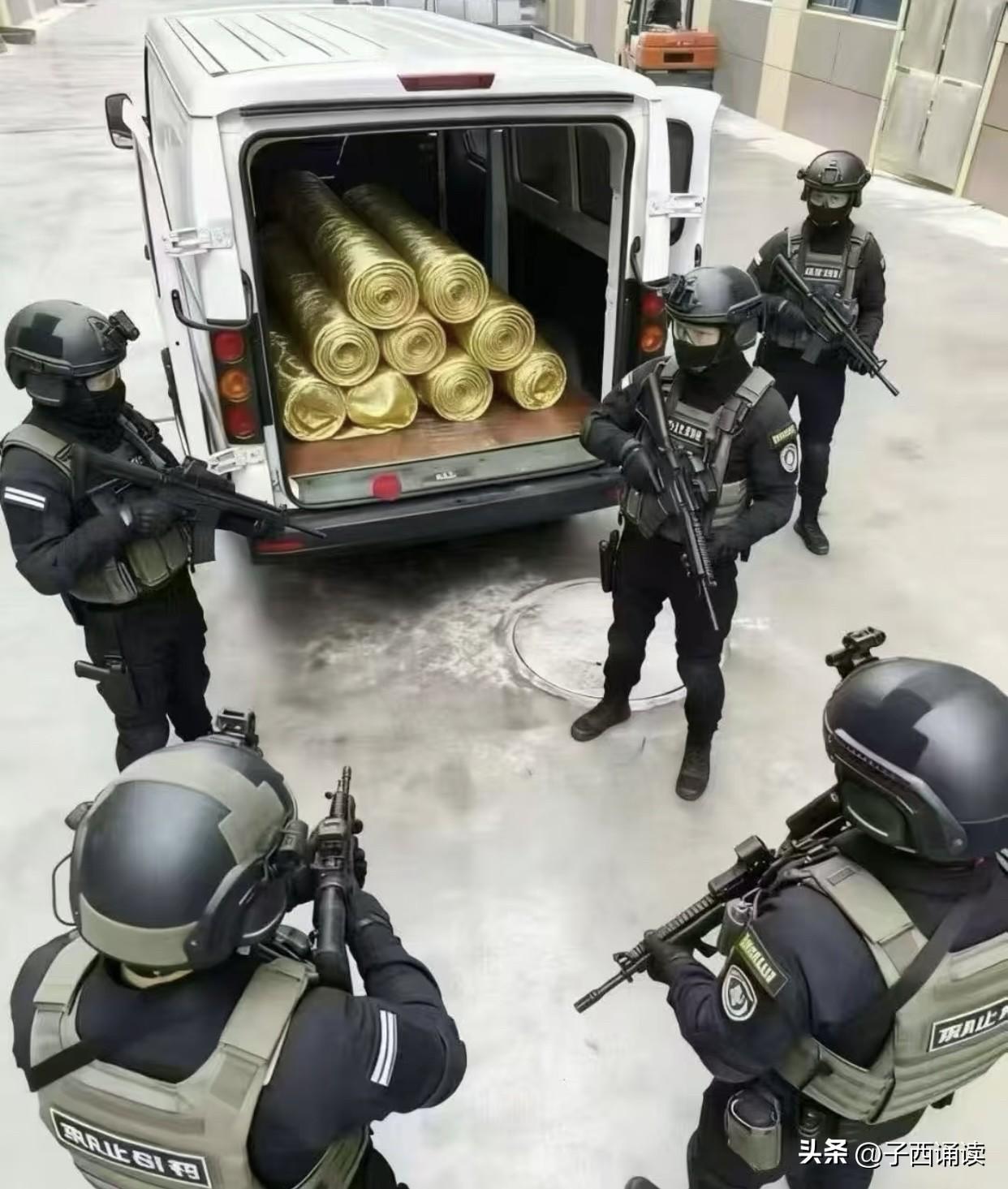 咦，这车上装的是什么宝贝东西啊？竟然需要这么多荷枪实弹的人来保护！