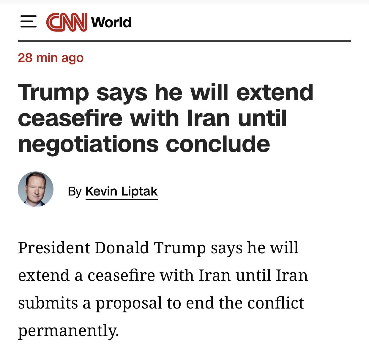 美媒：特朗普称将延长与伊朗的停火，直到谈判结束

美国有线电视新闻网(CNN)官