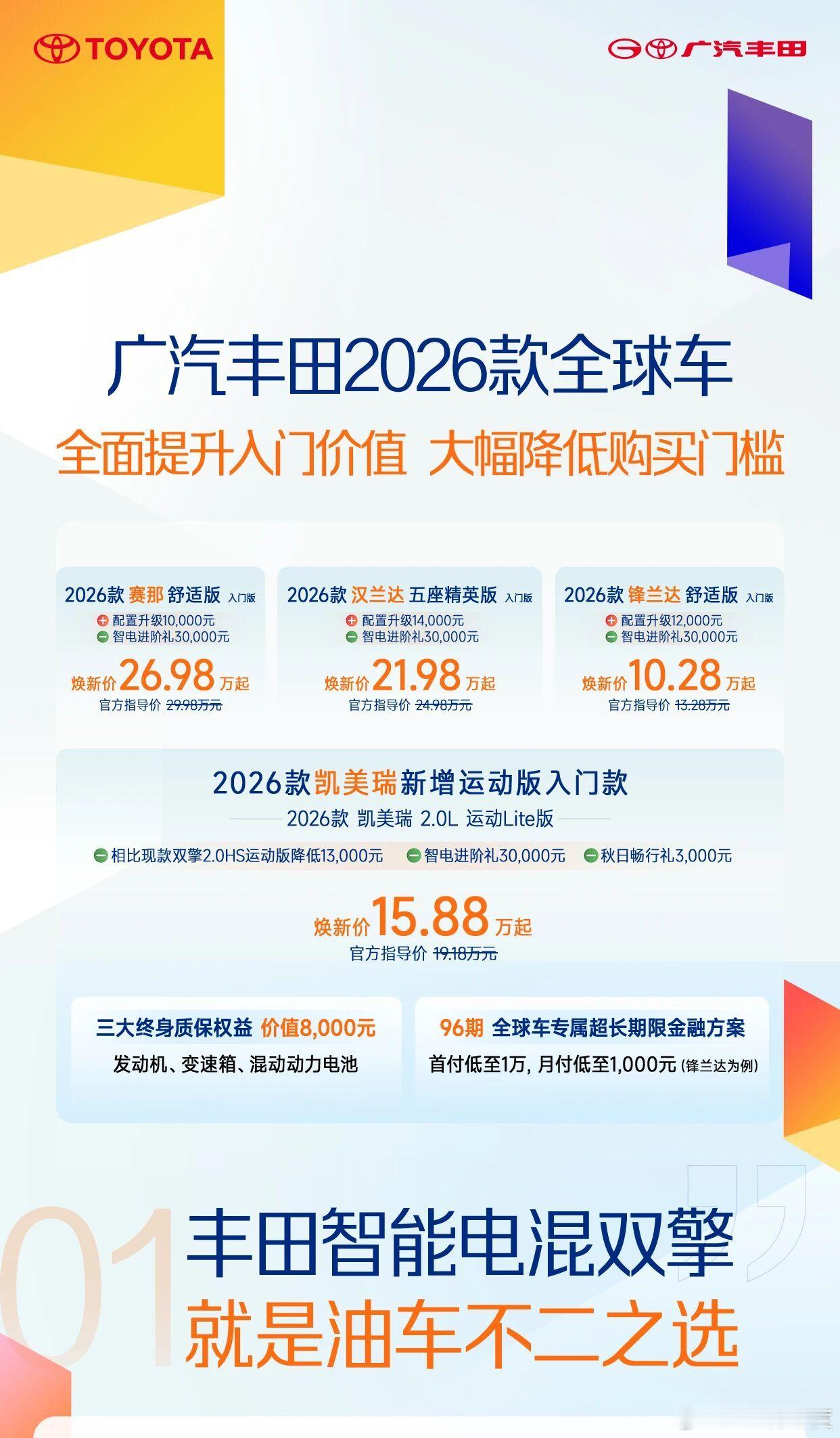 2026款赛那，入门焕新价：26.98 万元；2026款凯美瑞，运动Lite版焕