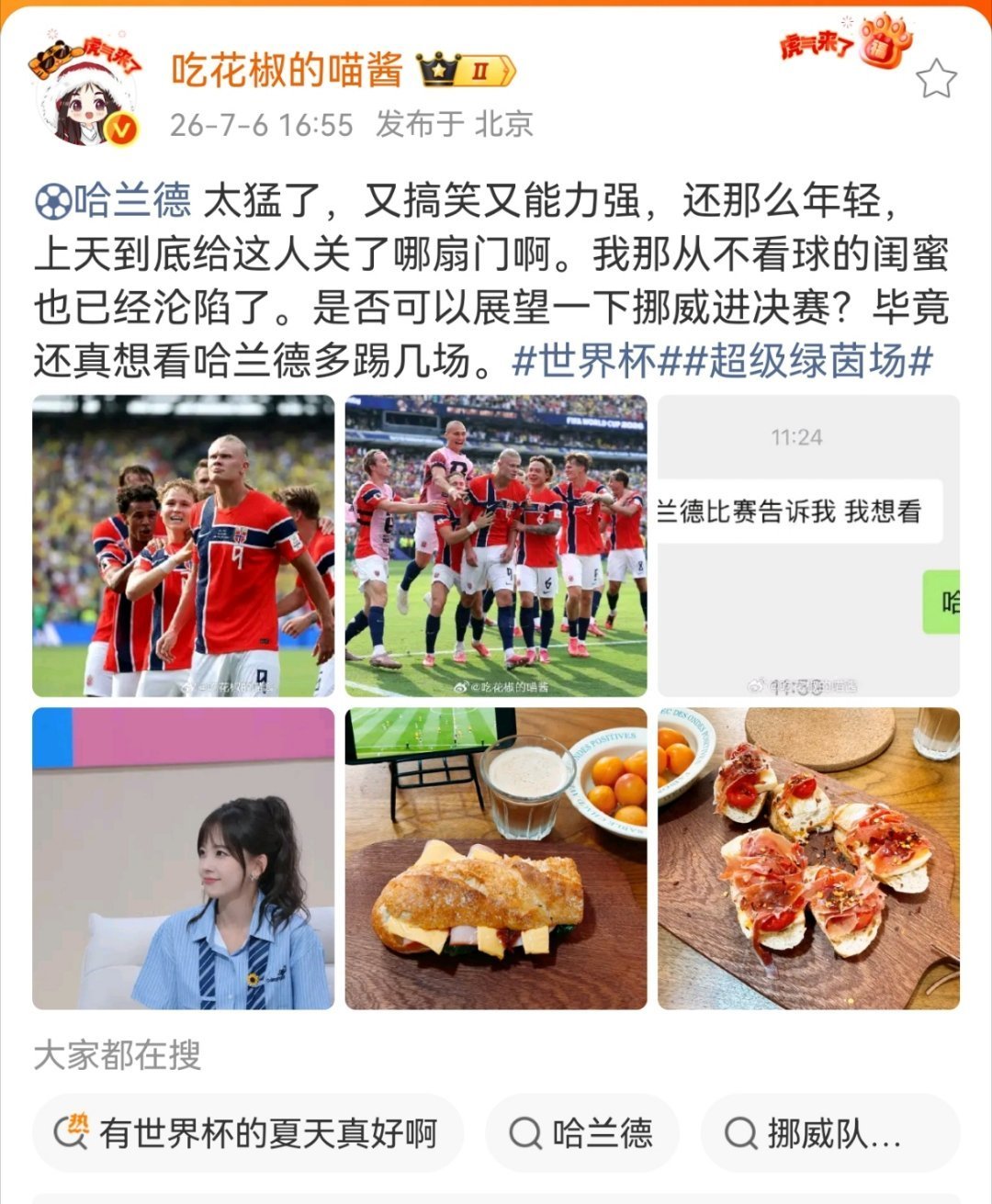 王冰冰说不看球的闺蜜被哈兰德圈粉 哈兰德太猛了，又搞笑又能力强，还那么年轻，上天