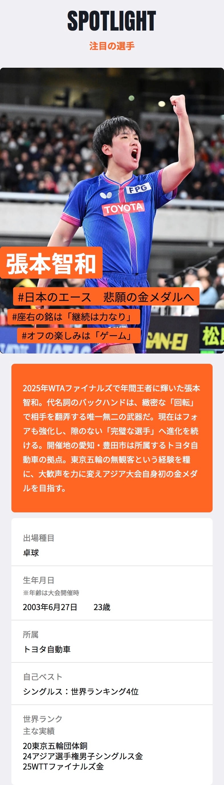 张本智和张本智和名古屋亚运会 TBS亚运会页面更新海报&选手介绍图1: 海报图2