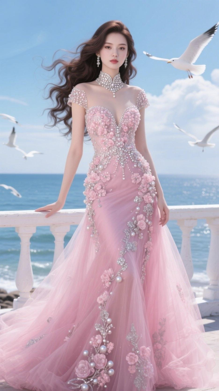 《粉裙与海》
 
海风漫过云的轻纱
你立在白栏杆前，像一首未写完的诗
 
粉纱裁