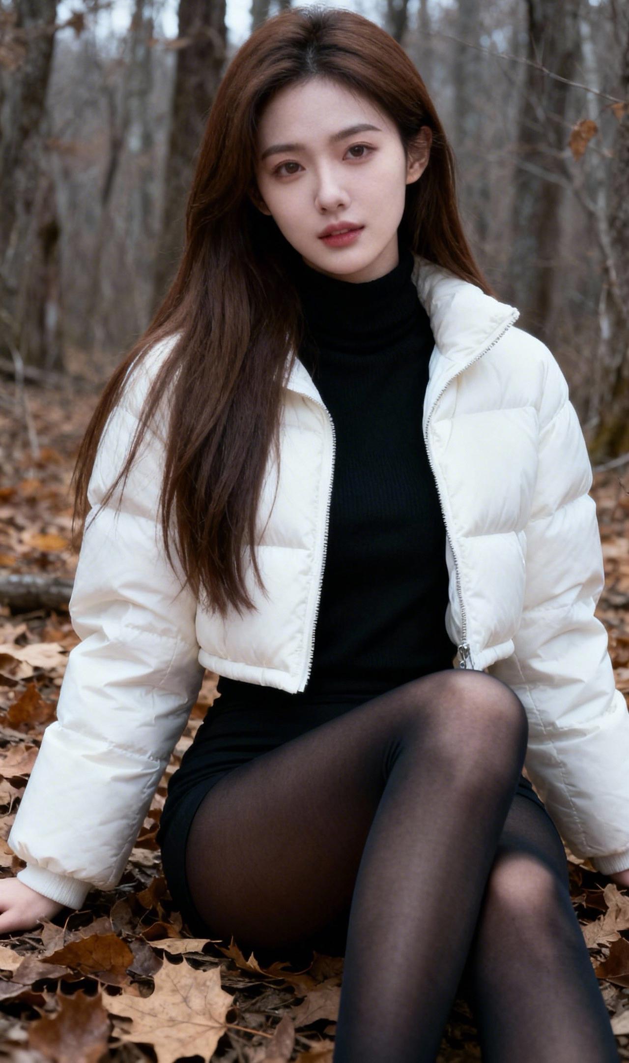 秋日森林中的时尚少女，白色羽绒服与黑色丝袜的完美搭配，尽显优雅与温暖。黑丝套白袜