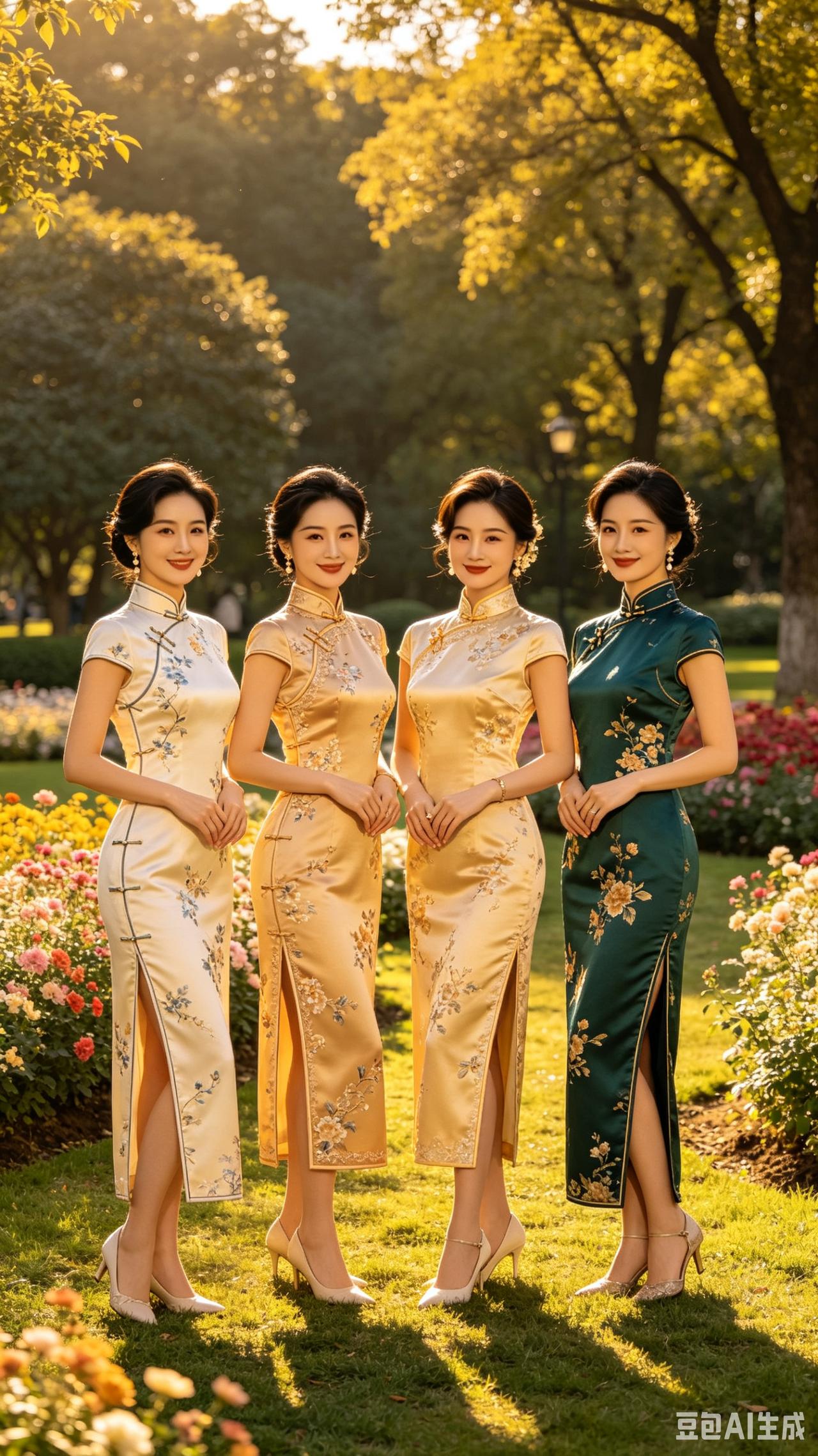 四位旗袍佳人相约大公园，姿态迷人拍摄美照，大家来评判谁的颜值气质更出众
今天带大