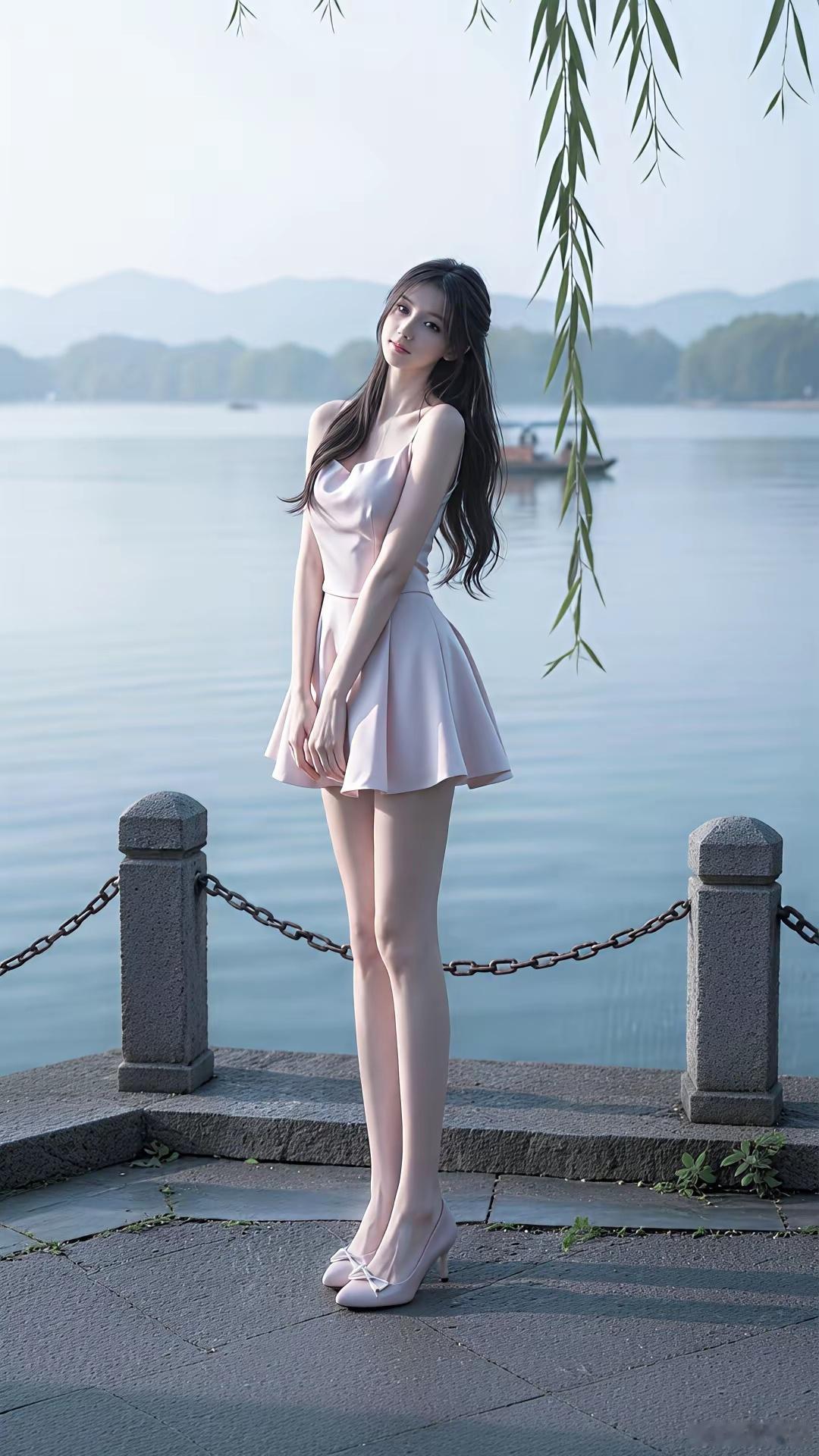 湖畔静坐，粉色裙摆随风飘逸，少女心满满 