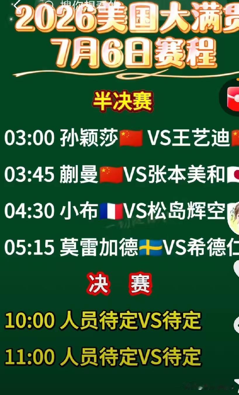 WTT美国大满贯7月6日迎来收官之战，赛程很有看头。对国内球迷来说时间安排有点“