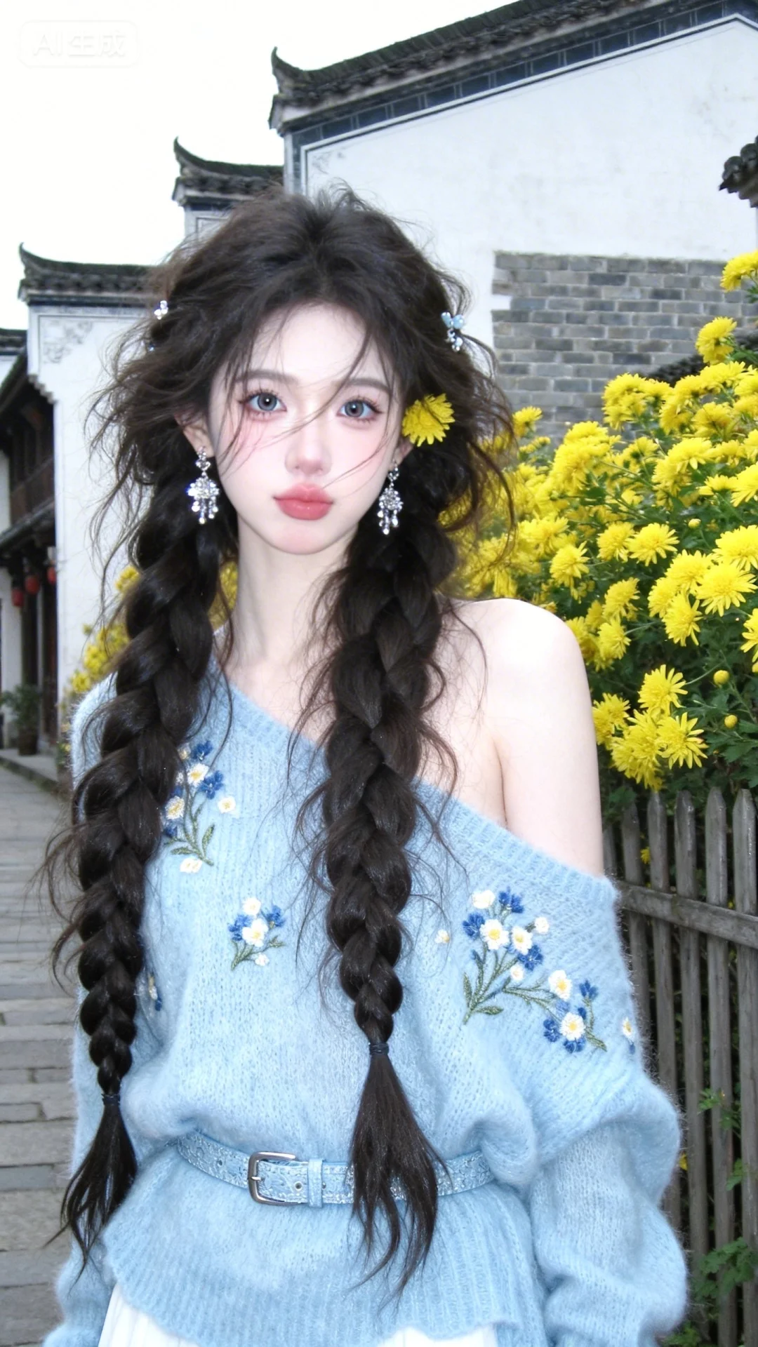 超高颜值美少女，网感头像，唯美古镇，青砖白墙，徽派建筑，栅栏大量黄色金...