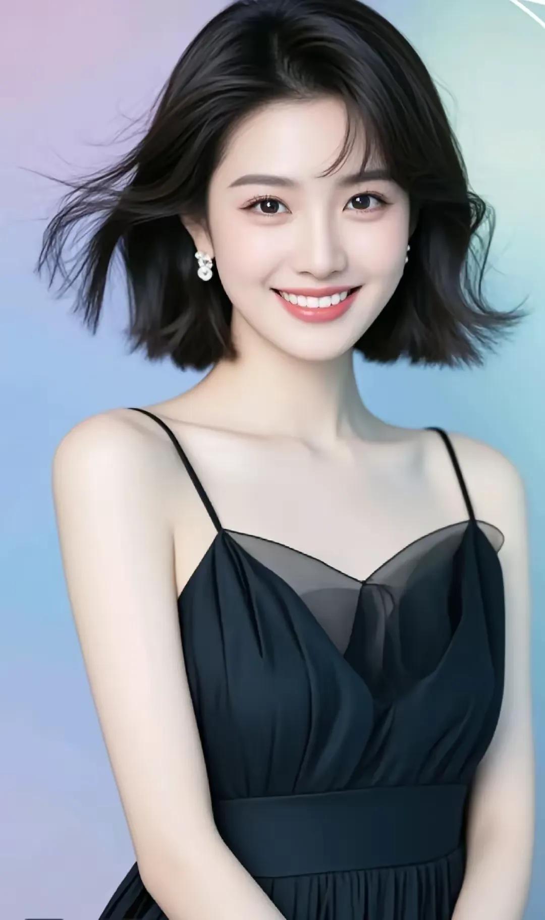 甜美笑容，黑裙优雅，短发依然很迷