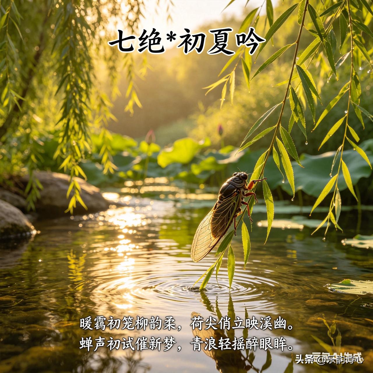 《七绝*初夏吟》乐韵诗心原创诗词:
暖霭初笼柳韵柔，
荷尖俏立映溪幽。
蝉声初试