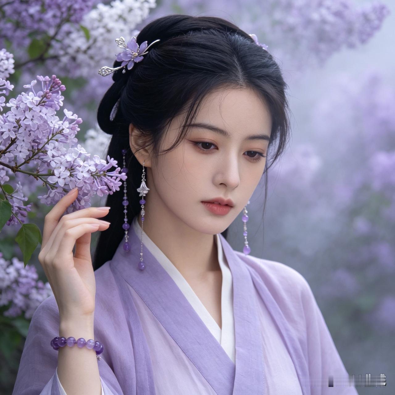 浅醉旧时光
 
薄雾漫过花间，紫衣女子静立丁香树下。

淡紫罗衫衬着满树芳菲，玉
