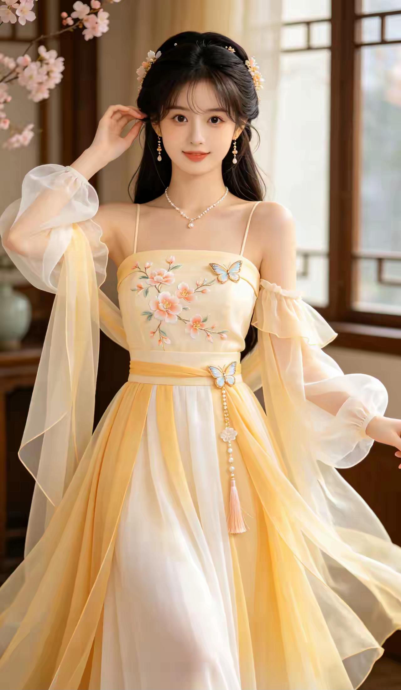 明黄汉服少女：两种不同韵味的古典美
这两组明黄色系的汉服，呈现出两种截然不同却同