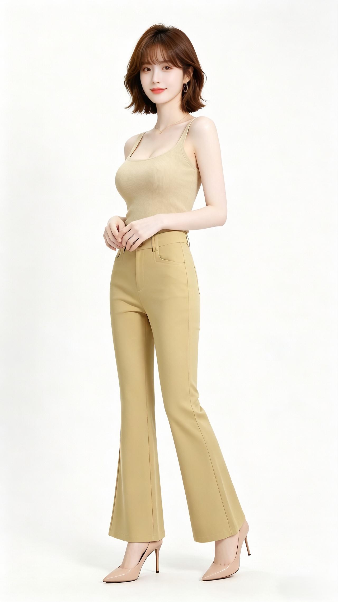 优雅气质穿搭，米色无袖上衣搭配高腰阔腿裤，简约而不失时尚感女人如何穿出含蓄的性感