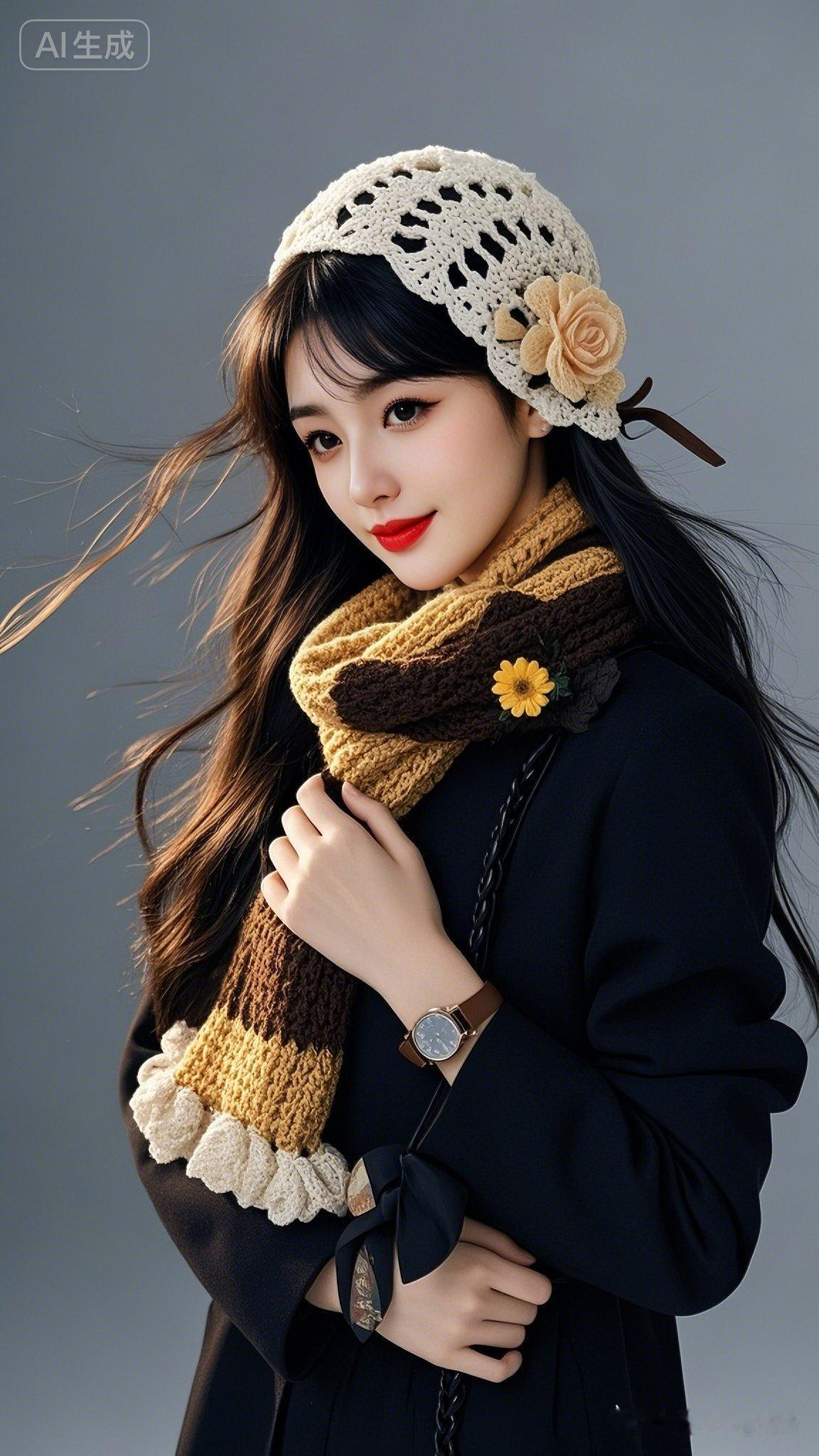 20岁绝色佳人侧身而立，发丝轻扬，妆容精致，眼神温和明亮。黑外套配咖色碎花围巾，