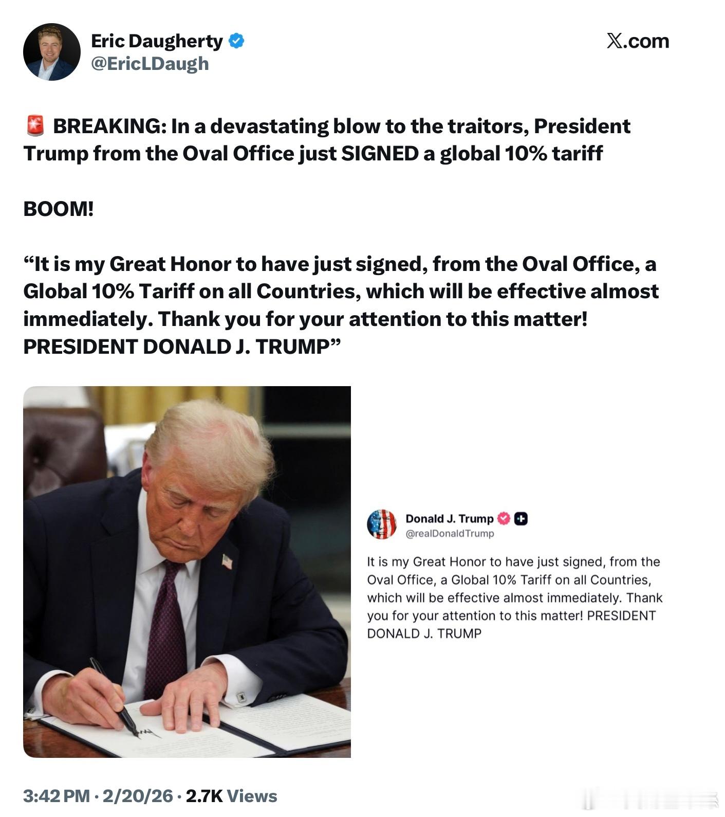 川普總統剛剛在橢圓形辦公室簽署了一項針對全球所有國家徵收10%關稅的行政命令，該