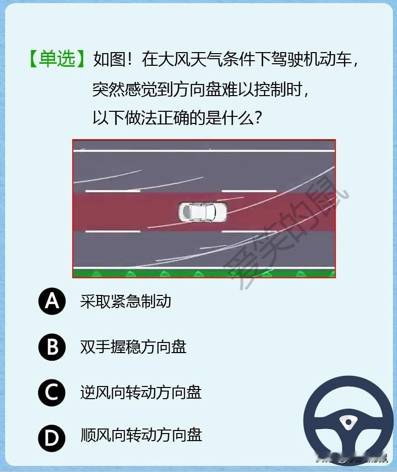 科目一，如图！车辆行驶在高速公路时，突然遇到大风的天气，方向盘还是难以控制，我们