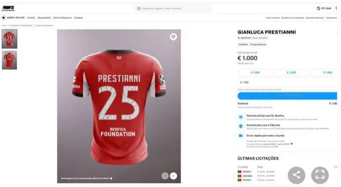 普雷斯蒂亚尼在对阵皇家马德里的比赛中穿过的签名球衣在网上拍卖，并以 1000 美
