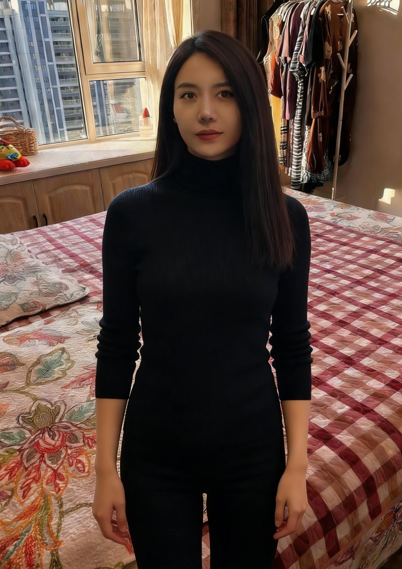 她在粉色碎花床单前站定
黑裙与花影织成暧昧的网
窗帘滤过的光线是淡蓝的
落在她肩