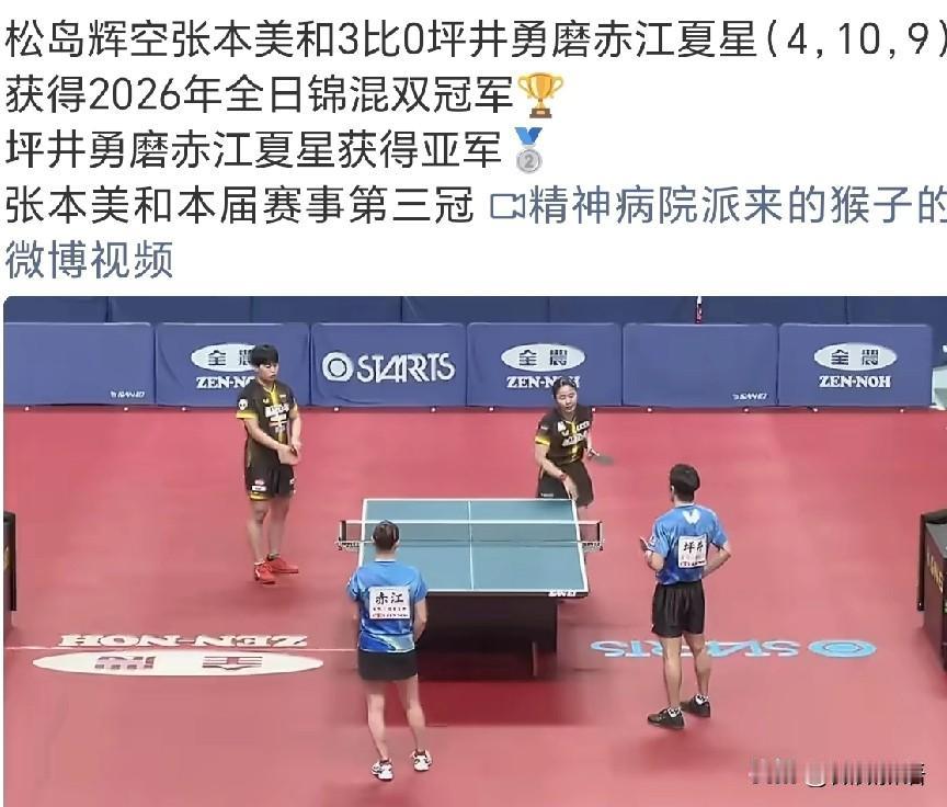 张本美和拿到全日锦第三冠了。
在刚刚结束的全日锦混双决赛中，松岛辉空/张本美和3