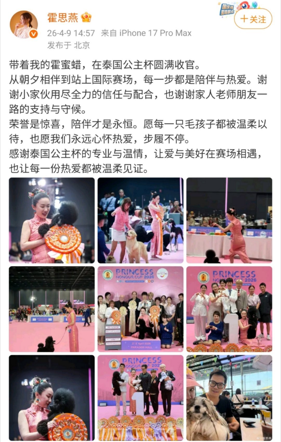 霍思燕回应爱犬在泰国夺冠太棒了！从生活里的温暖陪伴，到赛场上的闪耀夺冠，燕燕和“