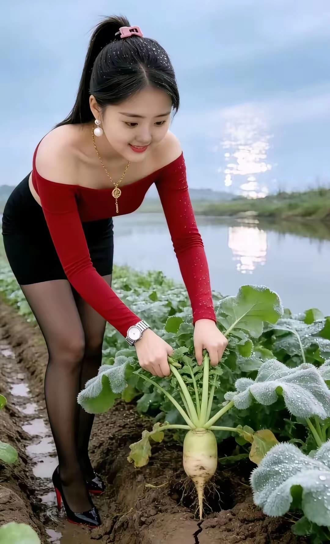甜美女孩田间劳作，收获满满！🌾🌸
