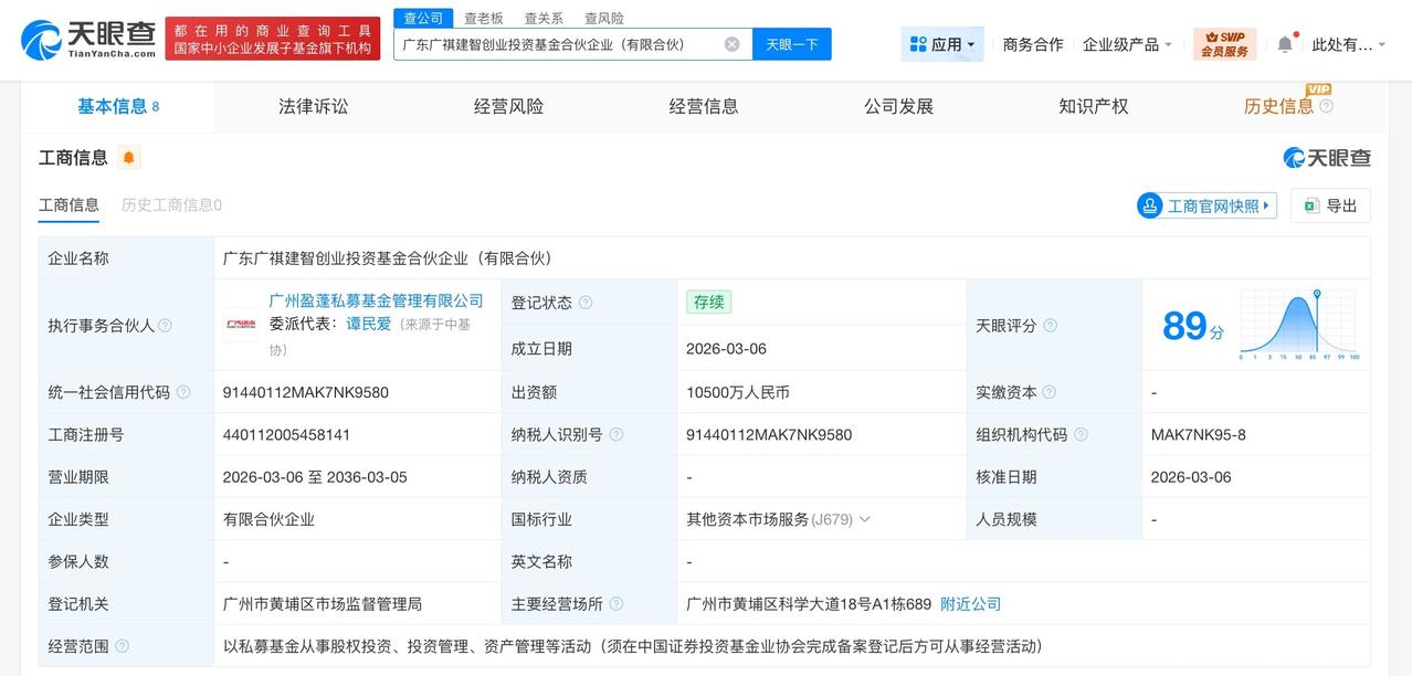 广汽集团等成立新创业投资基金 出资额1.05亿
天眼查工商信息显示，近日，广东广