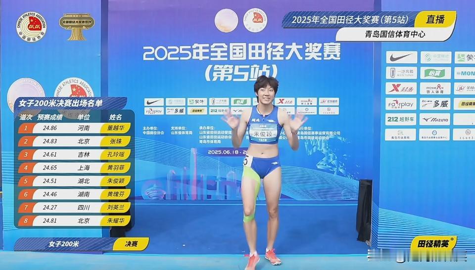 刘英兰亚军，朱俊颖夺冠，孔玲瑶第八。
全国田径大奖赛青岛站，女子200米决赛：
