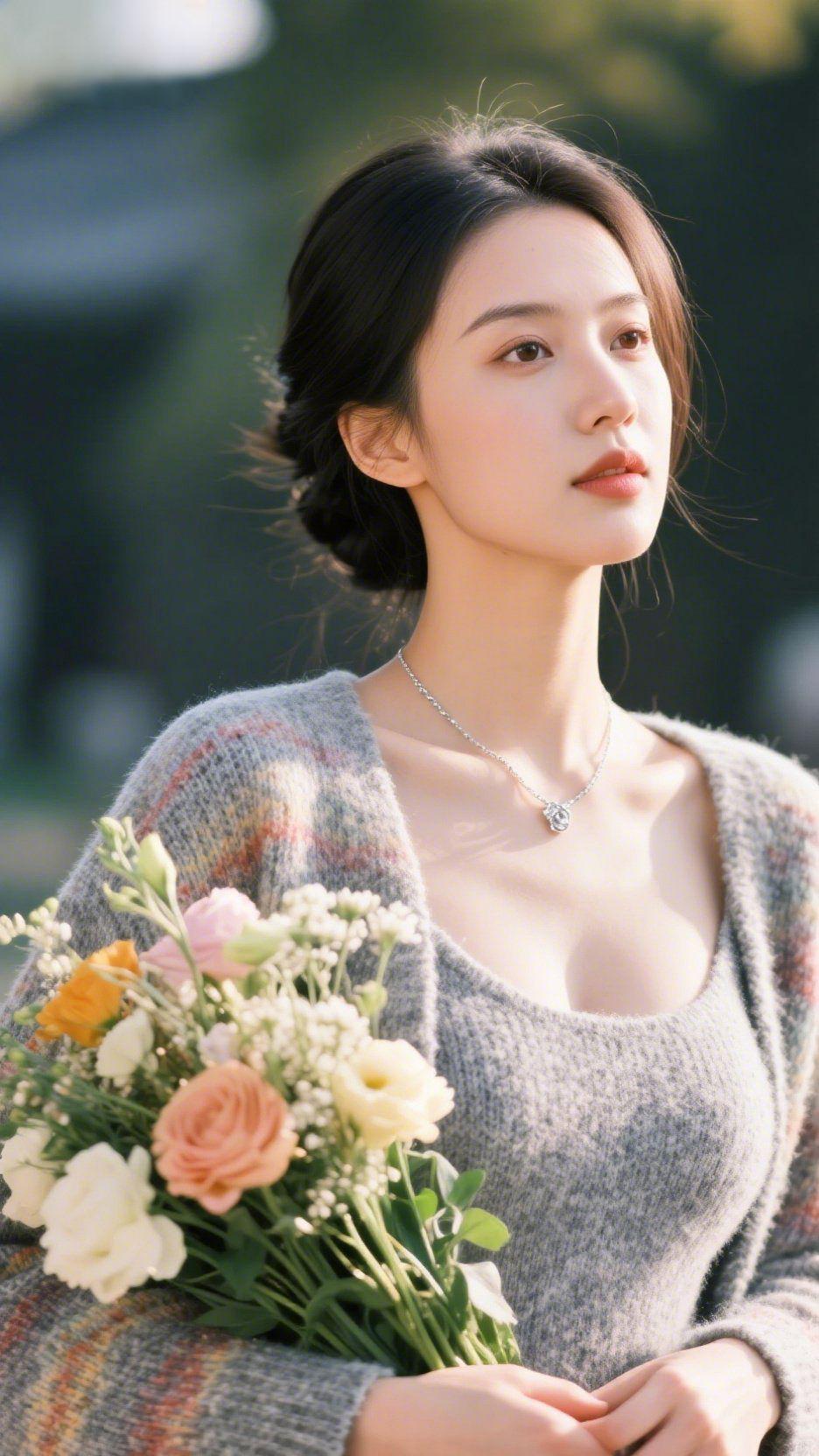 《风裹花与绒》
 
秋光裹着草木的软香漫过肩头，她抱花立在浅影里。杂色绒衫像揉碎