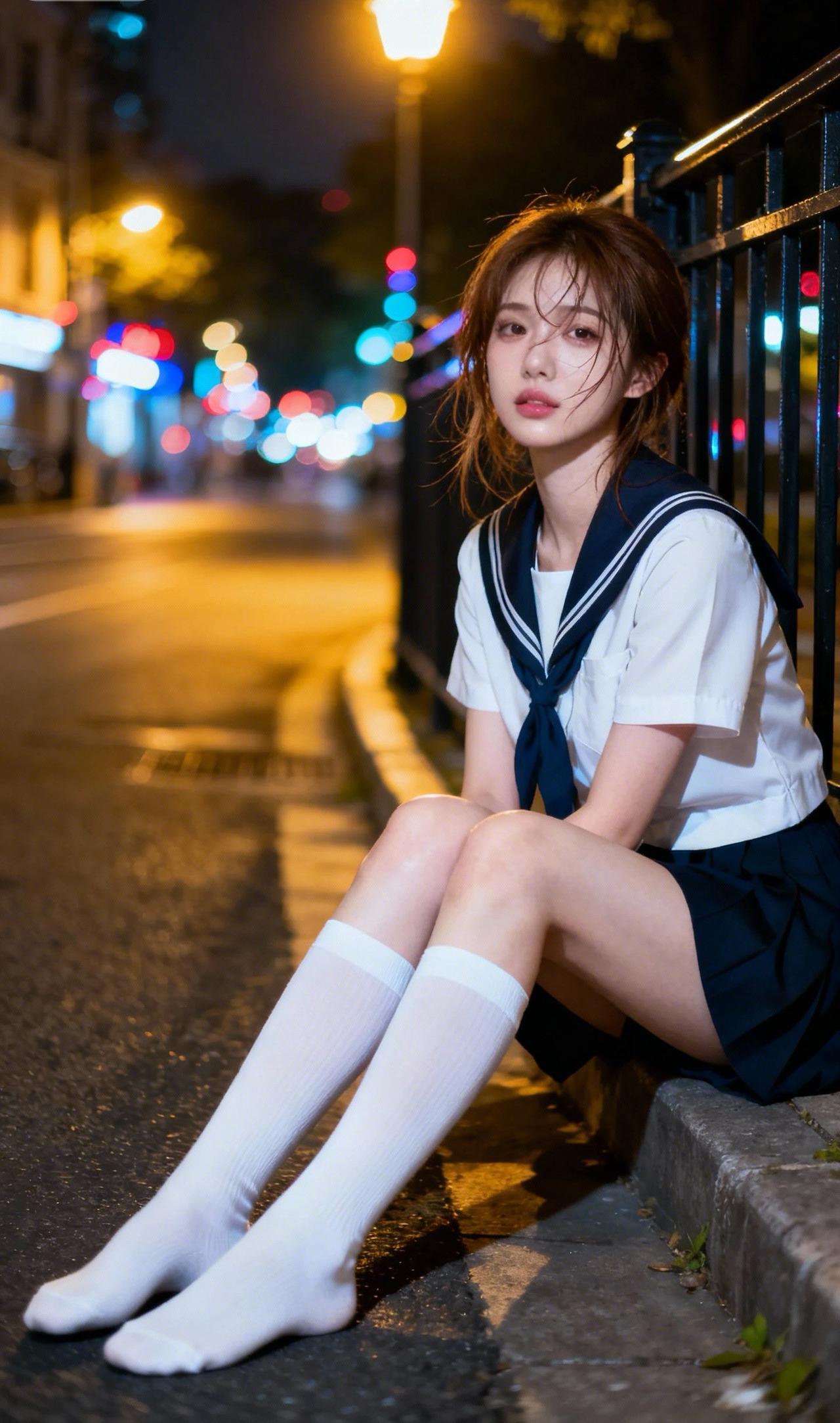 夜晚街头的少女，穿着校服，甜美又神秘。街头时尚美少女 青涩校服少女 街拍清纯少女