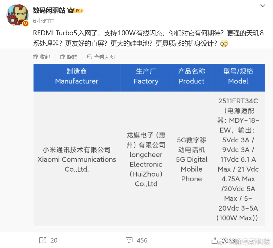 【REDMI Turbo 5通过3C认证确认支持100W快充，或首发全大核架构天