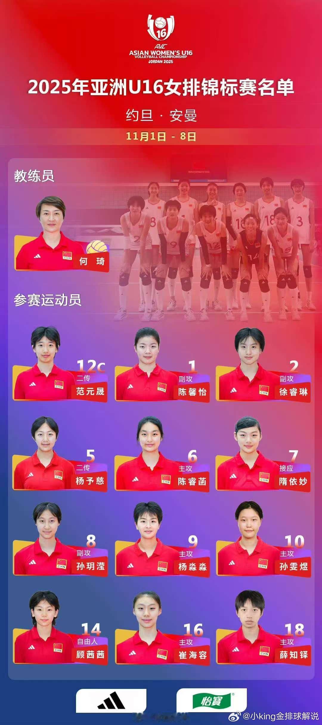 中国U16女排参加亚锦赛12人名单主教练：何琦（云南）助理教练：刘晓明（天津），