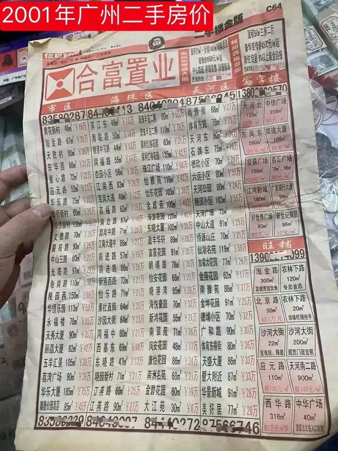 分享一些广州楼市历史资讯

图一：2001年广州二手房价（那时候海珠还没归纳到市