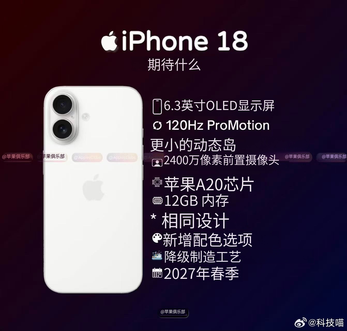 iPhone18标准版爆料汇总 6.3英寸OLED屏+120Hz ProMoti