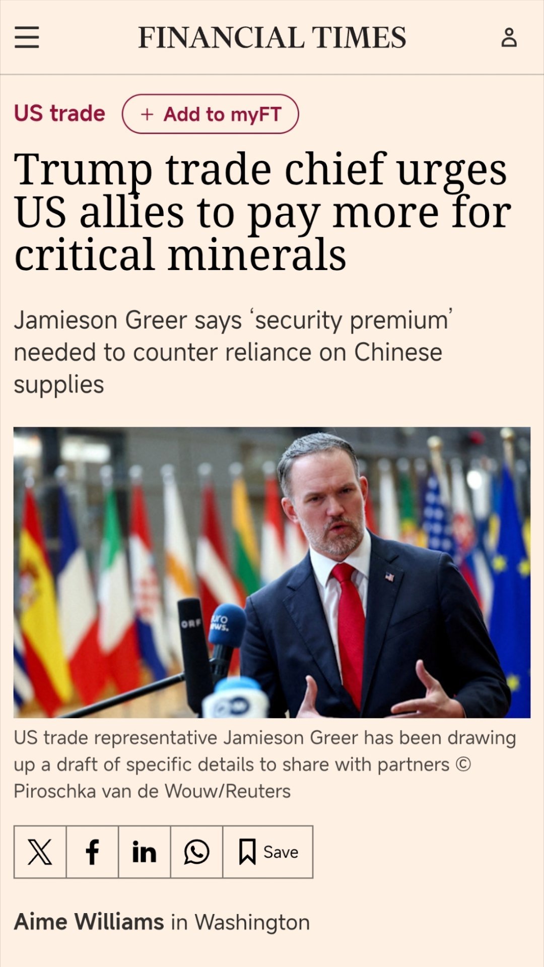 有意思。¹ 美国贸易代表格里尔刚刚说，盟友要准备好花更高的价格买关键矿产！支付“