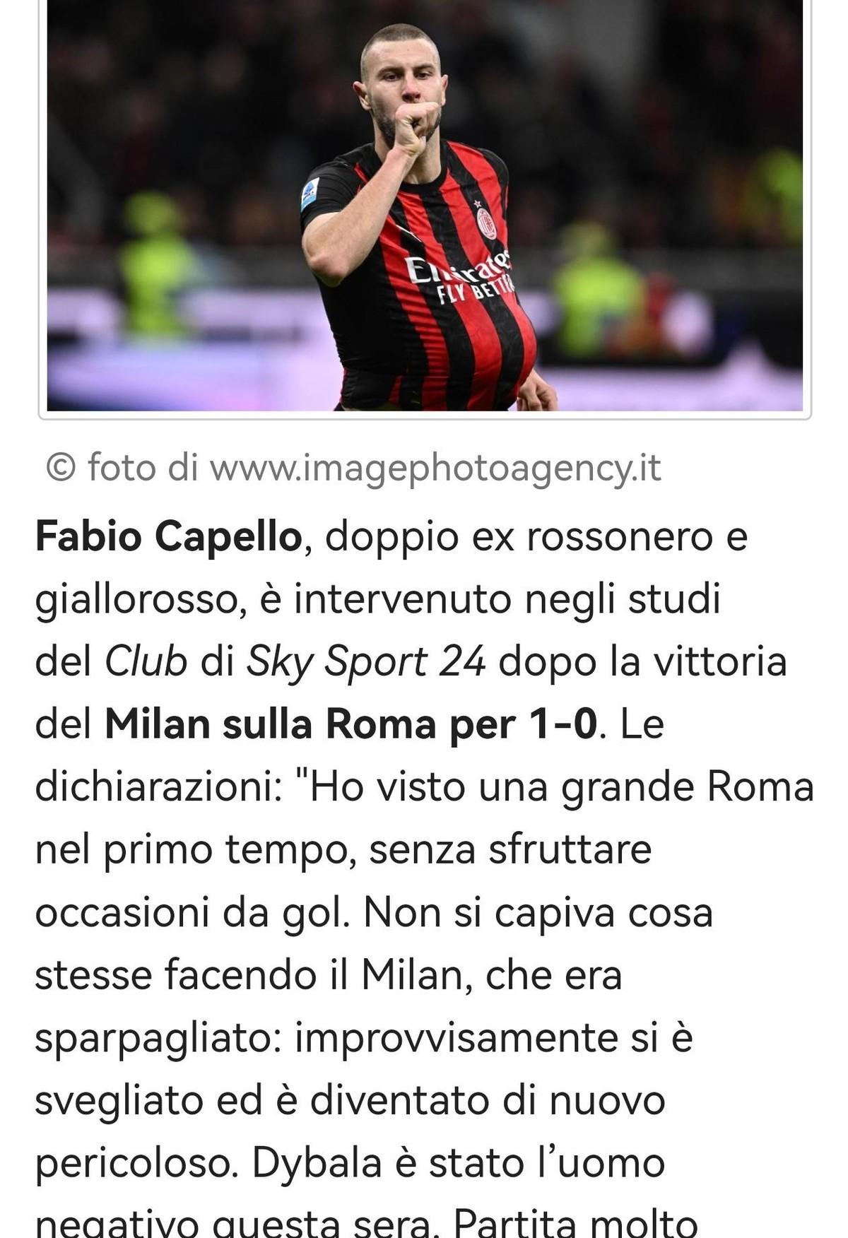 米兰和罗马的夜晚，卡佩罗坐在电视旁边，他刚刚在天空体育24台说了不少话。这个话题