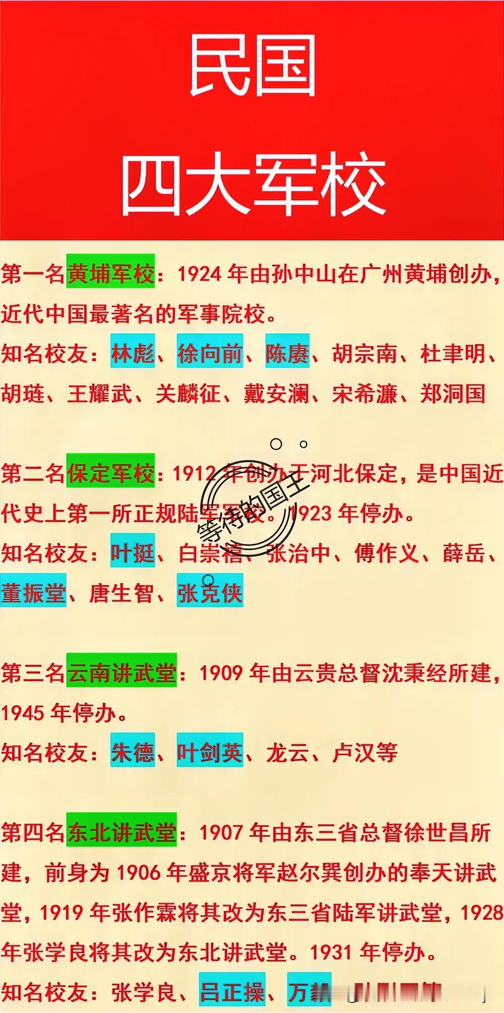 东北讲武堂：创办于1907年；
云南讲武堂：创办于1909年；
保定军校：创办于