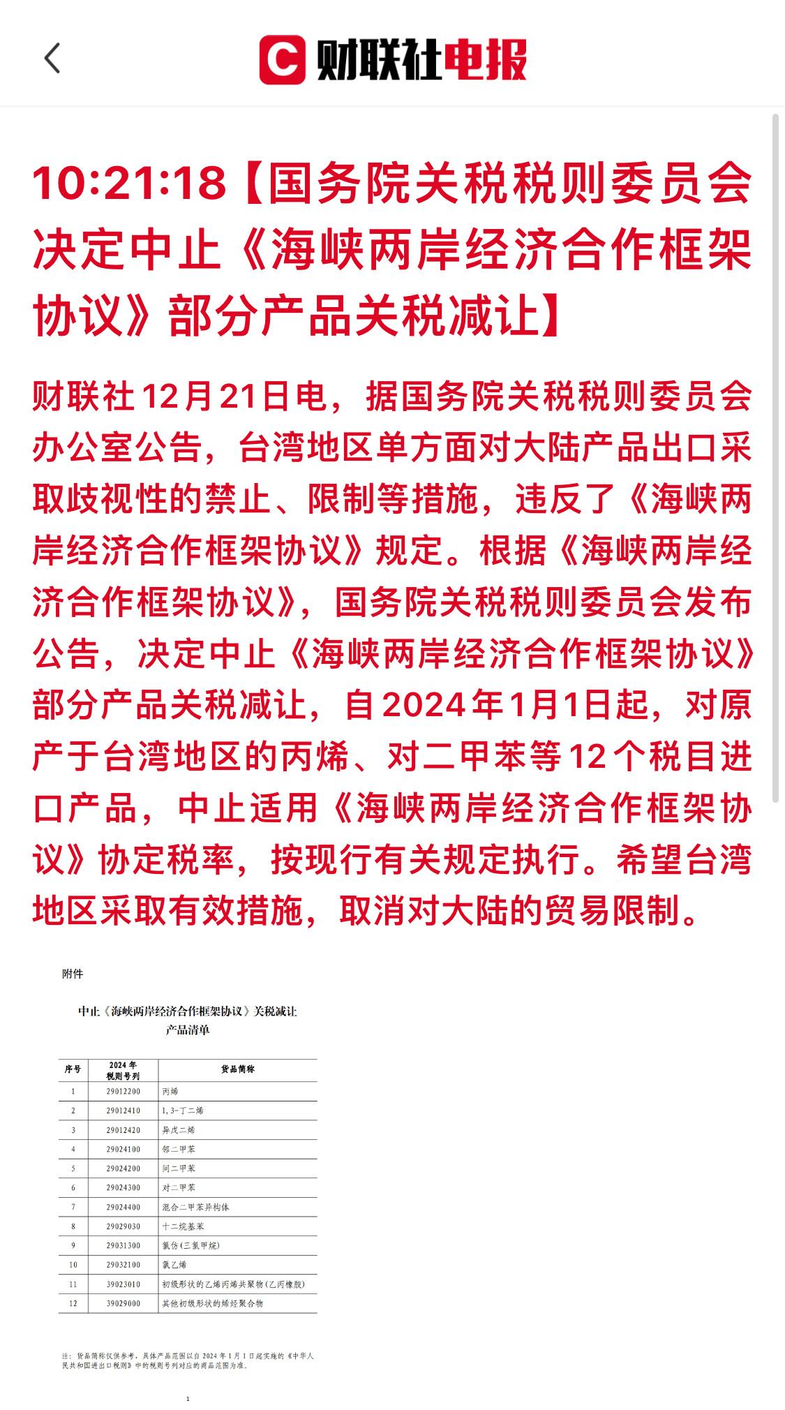 国务院关税税则委员会决定中止《海峡两岸经济合作框架协议》（简称ECFA）部分产品
