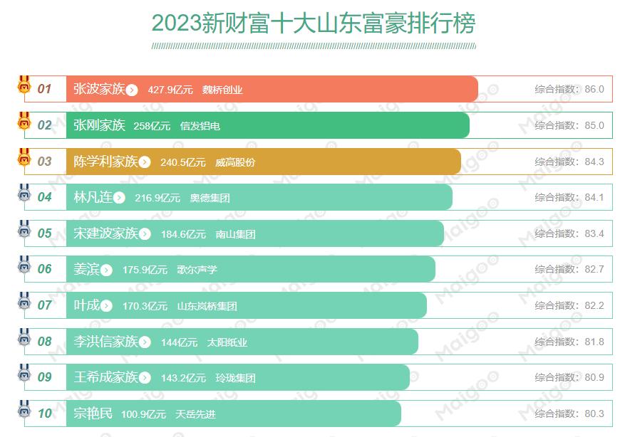 2023新财富十大山东富豪排行榜

1、  张波家族：427.9亿元，财富来源：