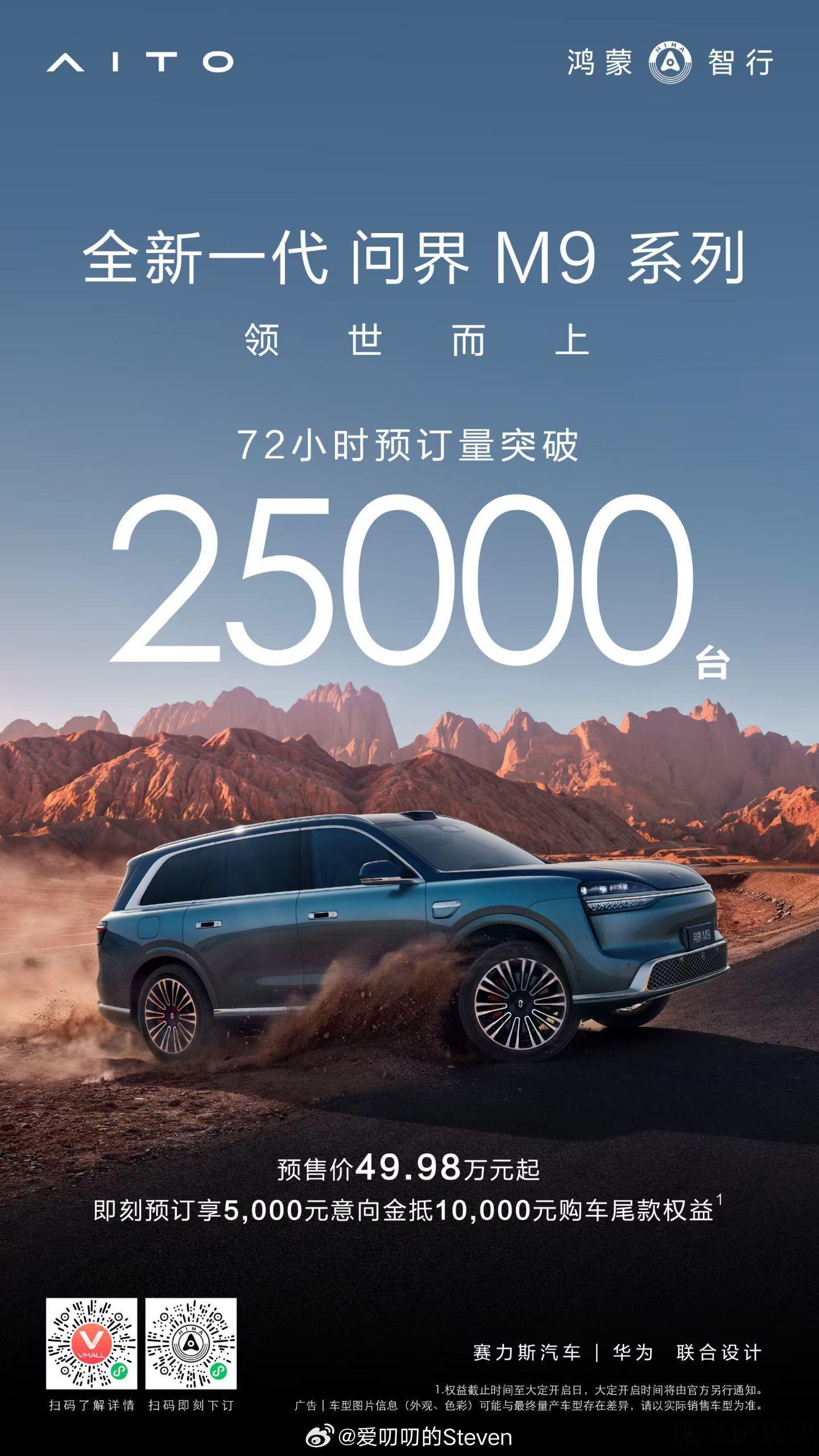 新一代问界M9 72小时订单破25000台你大爷还是你大爷鸿蒙智行问界m9
