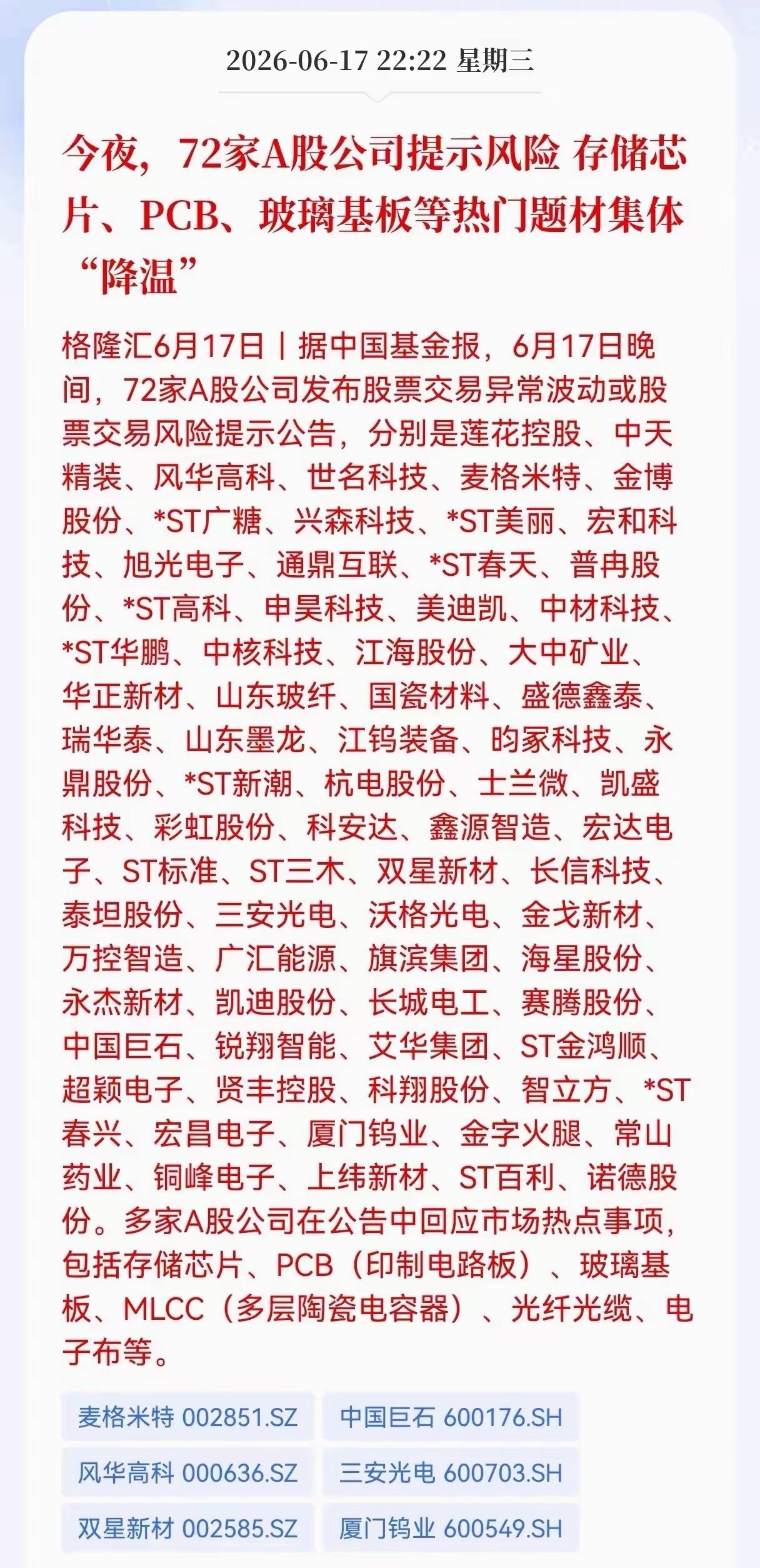 72家A股公司提示风险今夜股民们怕是难以入眠了！72家A股公司一同提示风险，存储
