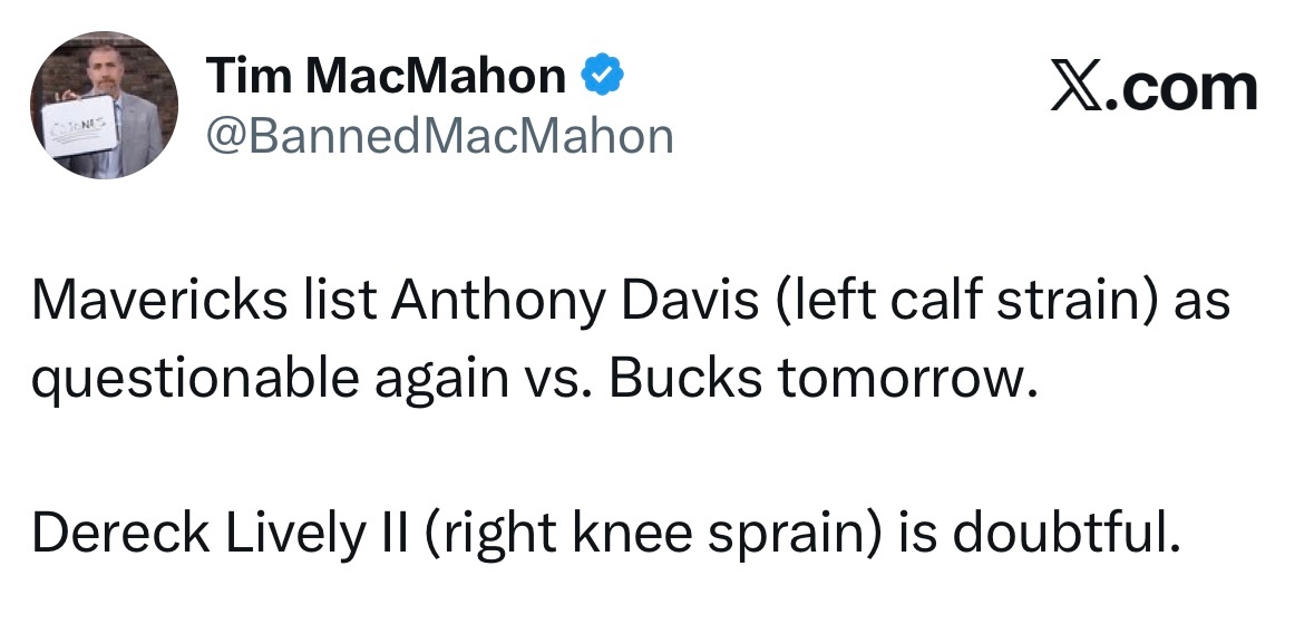 戴维斯（左小腿拉伤）明日对阵雄鹿比赛升级为“出战成疑”，莱夫利（右膝扭伤）小概率