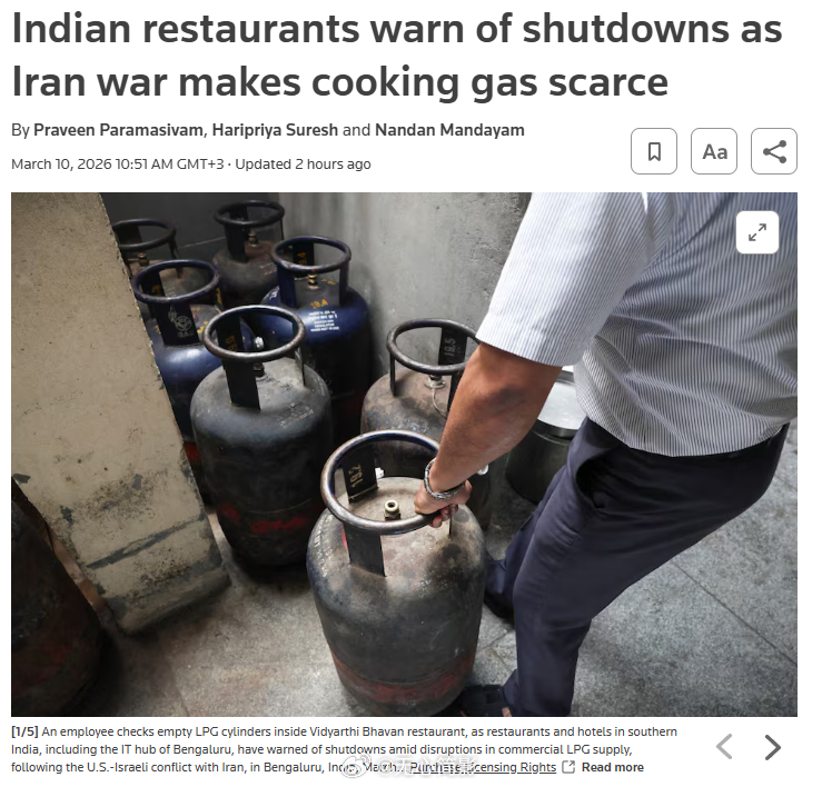 印度各地的餐厅和酒店表示可能被迫停业，因为美以与伊朗的冲突导致液化石油气供应中断