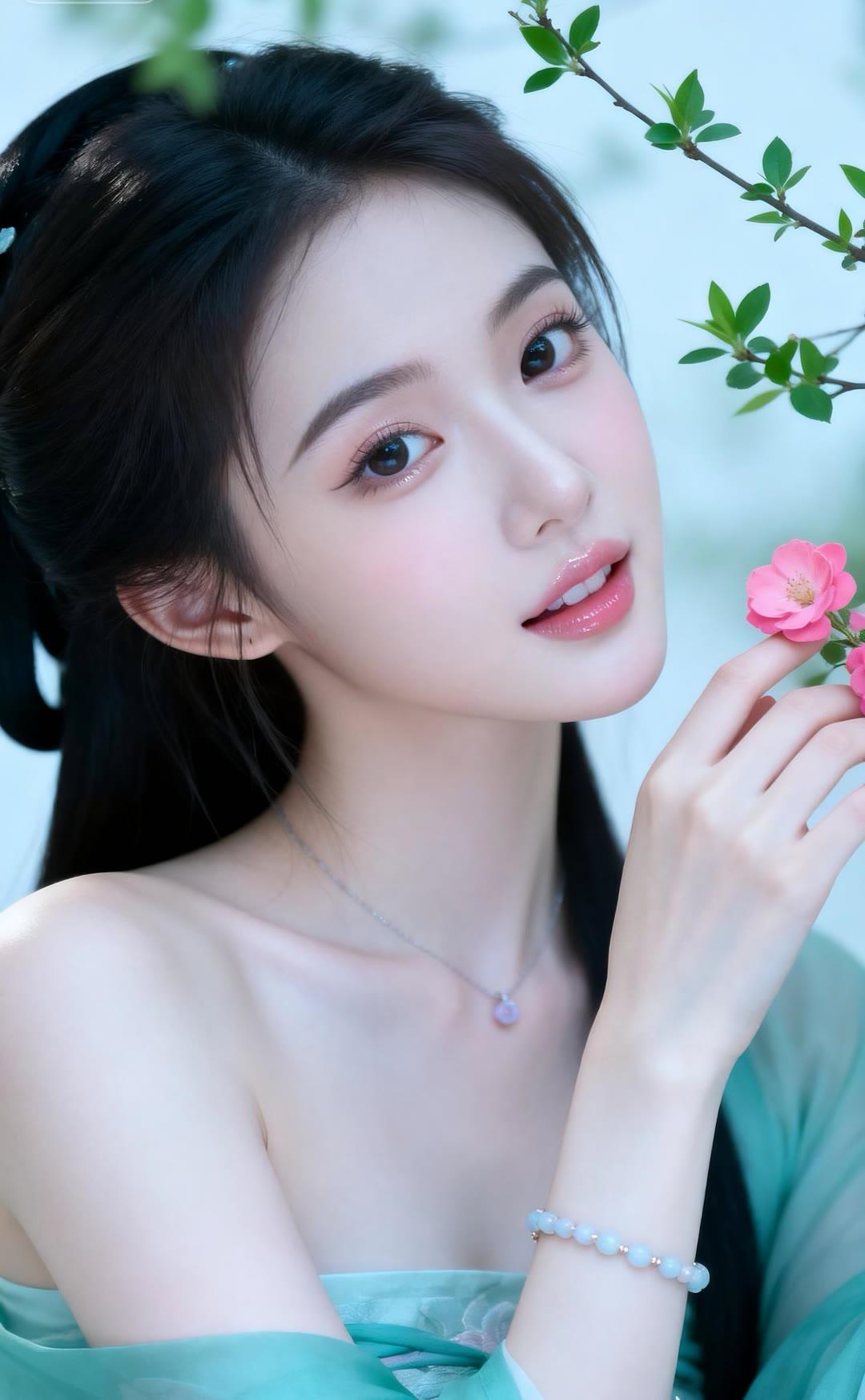 春日少女，粉花相伴，温柔似水