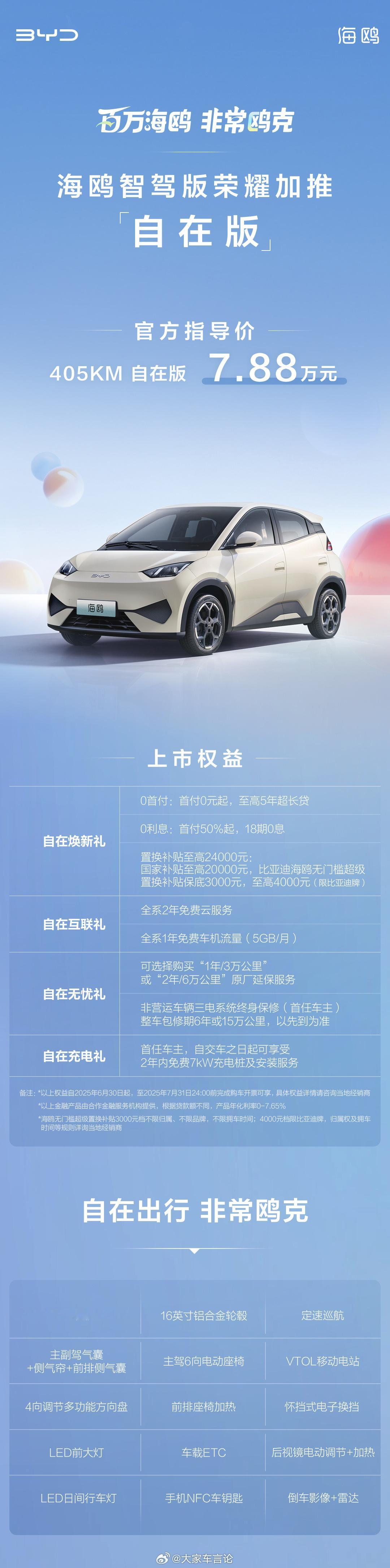 比亚迪海鸥自在版，售价7.88w。一台续航405km的城市小车，很实用了。但如果