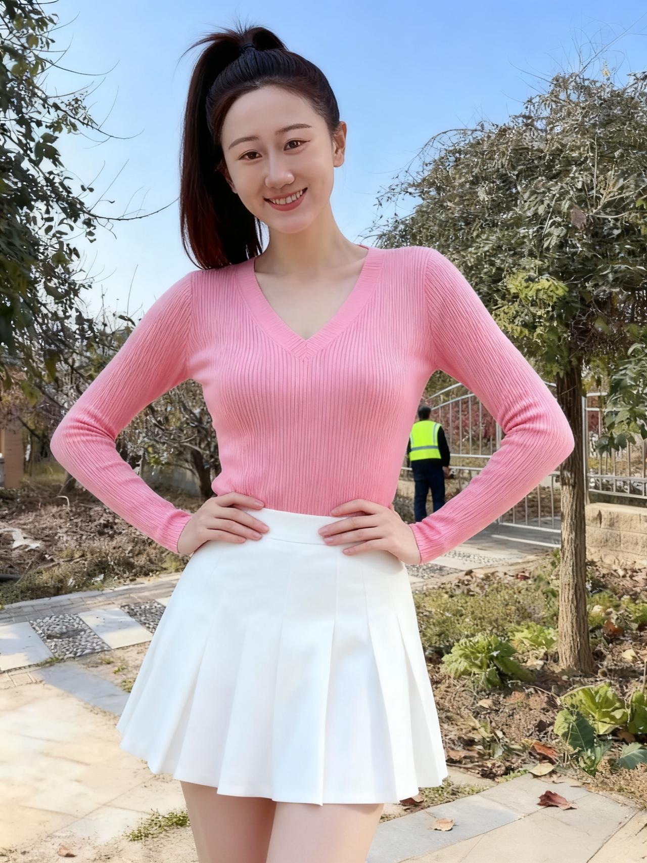 这是一个被点亮的瞬间
她的身体，是一道亮丽的风景线
粉色与白色的搭配
是春与雪的